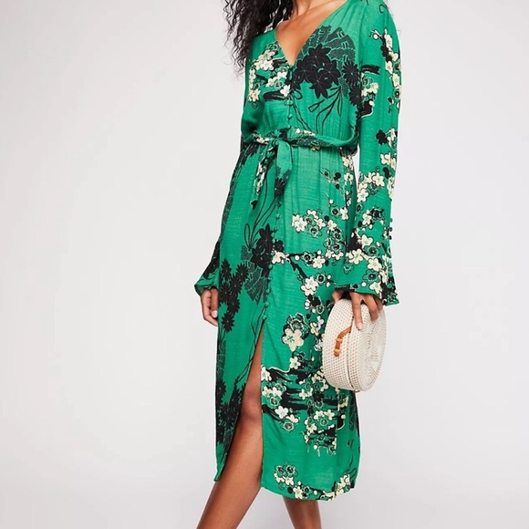 Free People Women’s Green Floral Print Tie Front Button Up Midi Dress Size Small - Picture 1 of 1